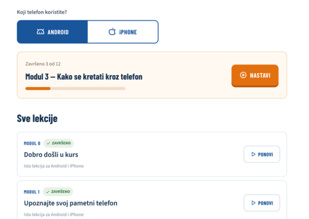 Prikaz kursa: izbor Android ili iPhone, napredak i lista lekcija